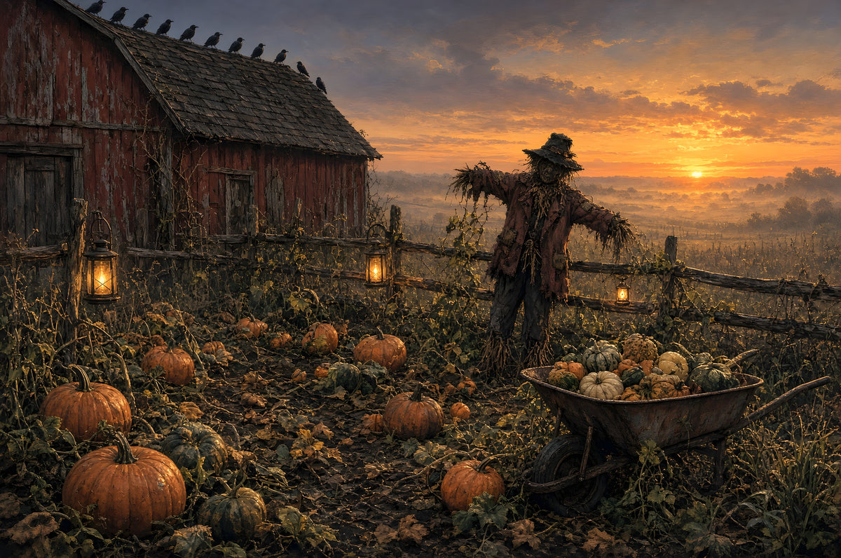 The Scarecrow Who Kept the Last Light art puzzle: a scarecrow in a pumpkin patch at sundown beside a weathered red barn, crows lined along the roof, lanterns lit on the fence and a wheelbarrow full of squash