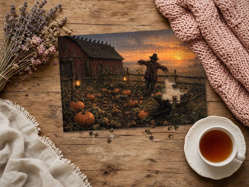 The Scarecrow Who Kept the Last Light 1014 piece puzzle assembled on a rustic wood table with dried lavender, a pink knit blanket, a linen throw and a cup of tea, a few loose pieces nearby