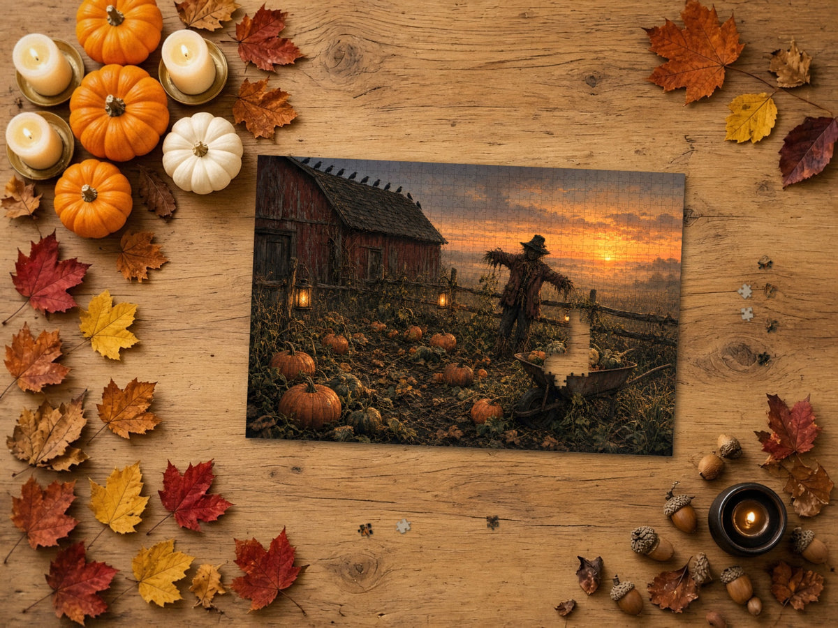 The Scarecrow Who Kept the Last Light 1014 piece puzzle on a wood table framed by orange and white pumpkins, lit candles in brass holders, autumn maple leaves and acorns