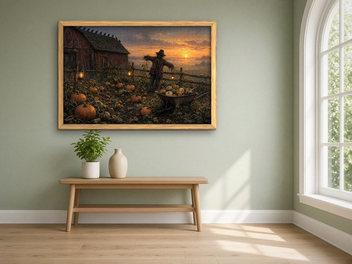 The Scarecrow Who Kept the Last Light 1014 piece puzzle assembled, framed in light wood on a sage green wall above a wooden bench, next to a tall arched window