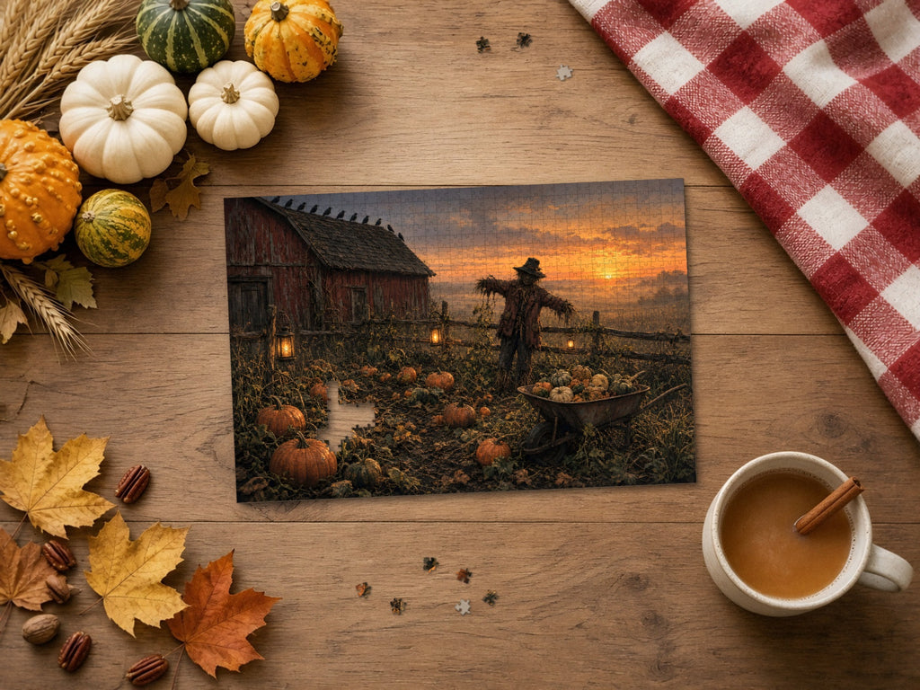 The Scarecrow Who Kept the Last Light 1014 piece puzzle on a wood table with wheat, small pumpkins and gourds, a red gingham cloth, autumn leaves and a cinnamon latte