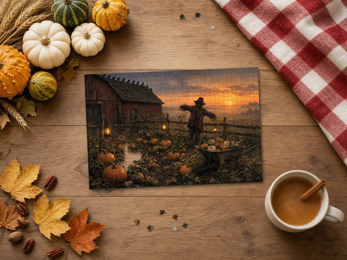 The Scarecrow Who Kept the Last Light 1014 piece puzzle on a wood table with wheat, small pumpkins and gourds, a red gingham cloth, autumn leaves and a cinnamon latte