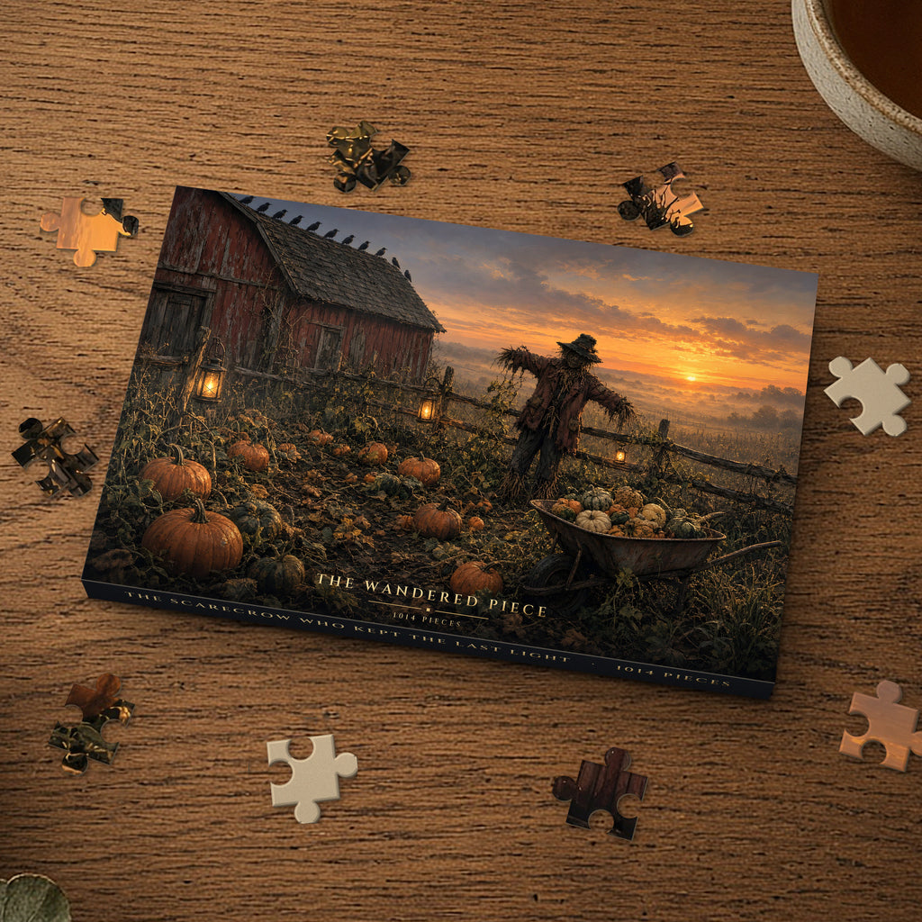 The Scarecrow Who Kept the Last Light 1014 piece puzzle box on a wood table with loose pieces, box design shown for illustration