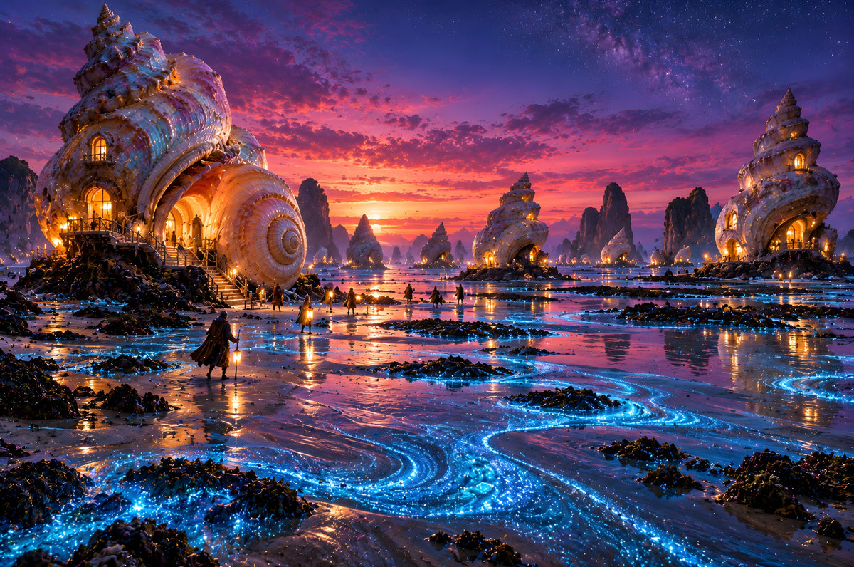 The Shell Houses at Low Tide art puzzle: giant spiral seashell houses glowing on a beach at twilight, people with lanterns walking the wet sand, a bright blue glowing tide and a purple and orange sky