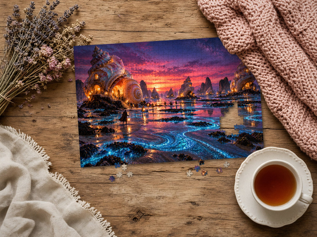 The Shell Houses at Low Tide 1014 piece puzzle assembled on a rustic wood table with dried lavender, a pink knit blanket, a linen throw and a cup of tea, a few loose pieces nearby