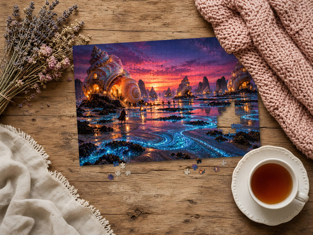 The Shell Houses at Low Tide 1014 piece puzzle assembled on a rustic wood table with dried lavender, a pink knit blanket, a linen throw and a cup of tea, a few loose pieces nearby