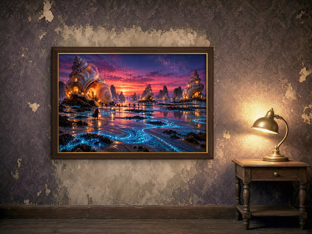 The Shell Houses at Low Tide 1014 piece puzzle assembled, framed in dark wood on a worn plaster wall lit by a brass lamp