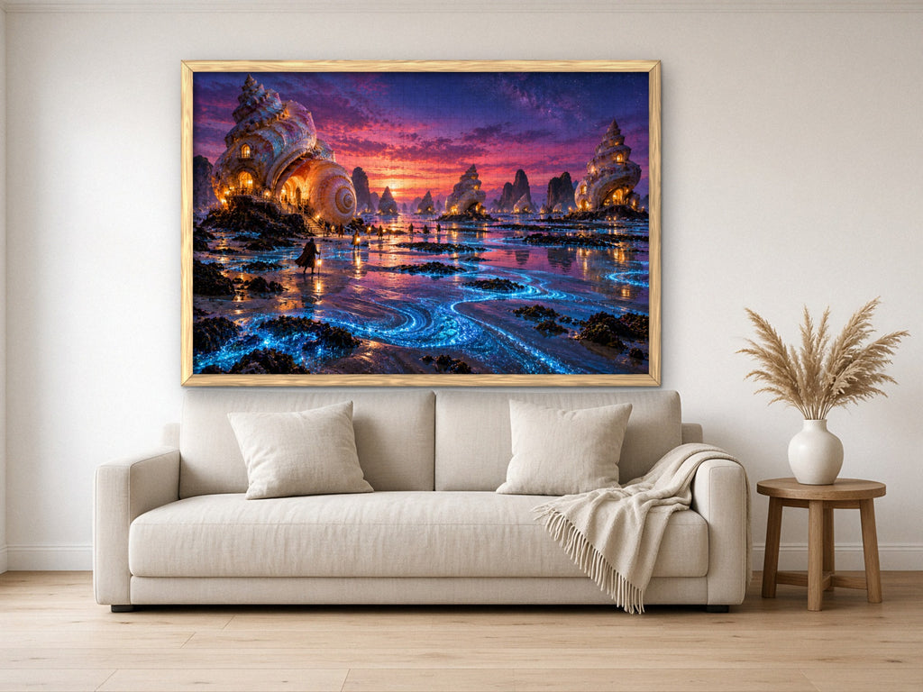 The Shell Houses at Low Tide 1014 piece puzzle assembled, framed in light wood and hung above a cream sofa, with pampas grass on a side table