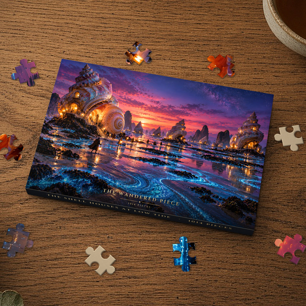 The Shell Houses at Low Tide 1014 piece puzzle box on a wood table with loose pieces, box design shown for illustration