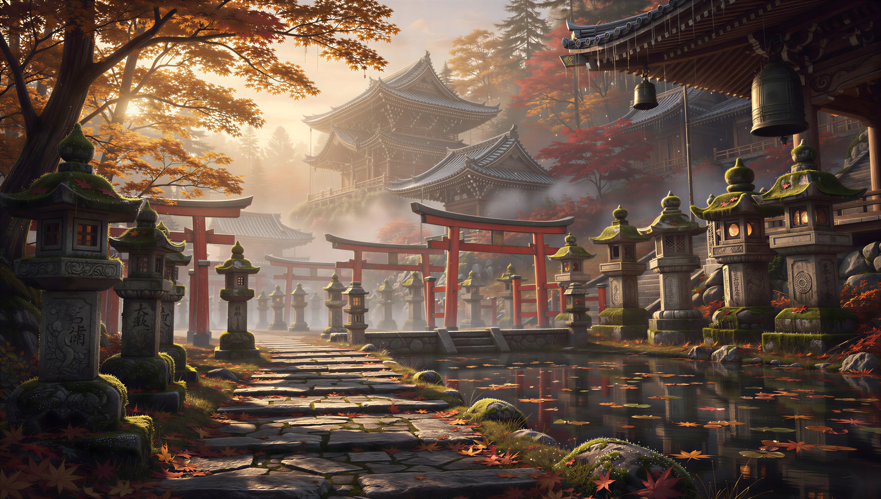 Vermillion torii gates leading through crimson autumn maples to a misty mountain shrine — Japanese art puzzle by The Wandered Piece