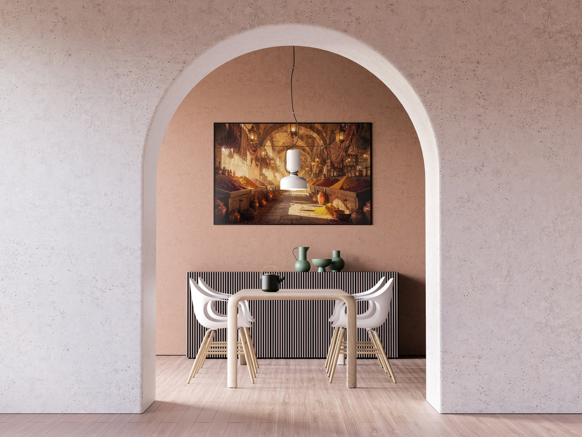 The Spice Market at Morning 1014 piece puzzle shown framed on a wall after completion