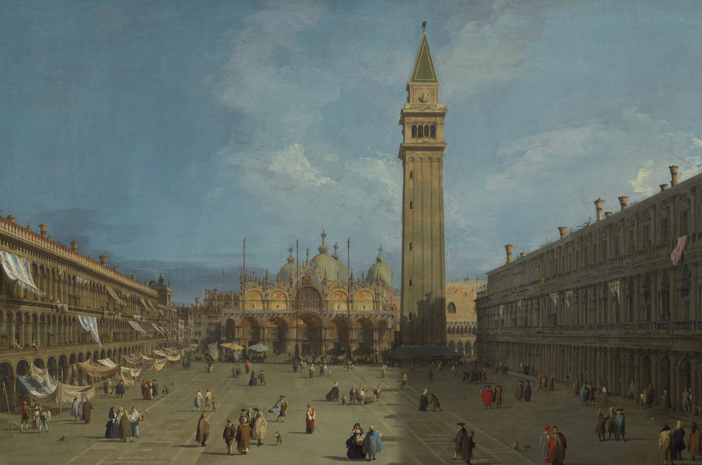 The Square Where Venice Waits art puzzle: Canaletto's Piazza San Marco, the bell tower and domed basilica at the end of a wide square lined with arcades, small figures strolling under a blue sky