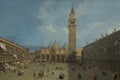 The Square Where Venice Waits art puzzle: Canaletto's Piazza San Marco, the bell tower and domed basilica at the end of a wide square lined with arcades, small figures strolling under a blue sky
