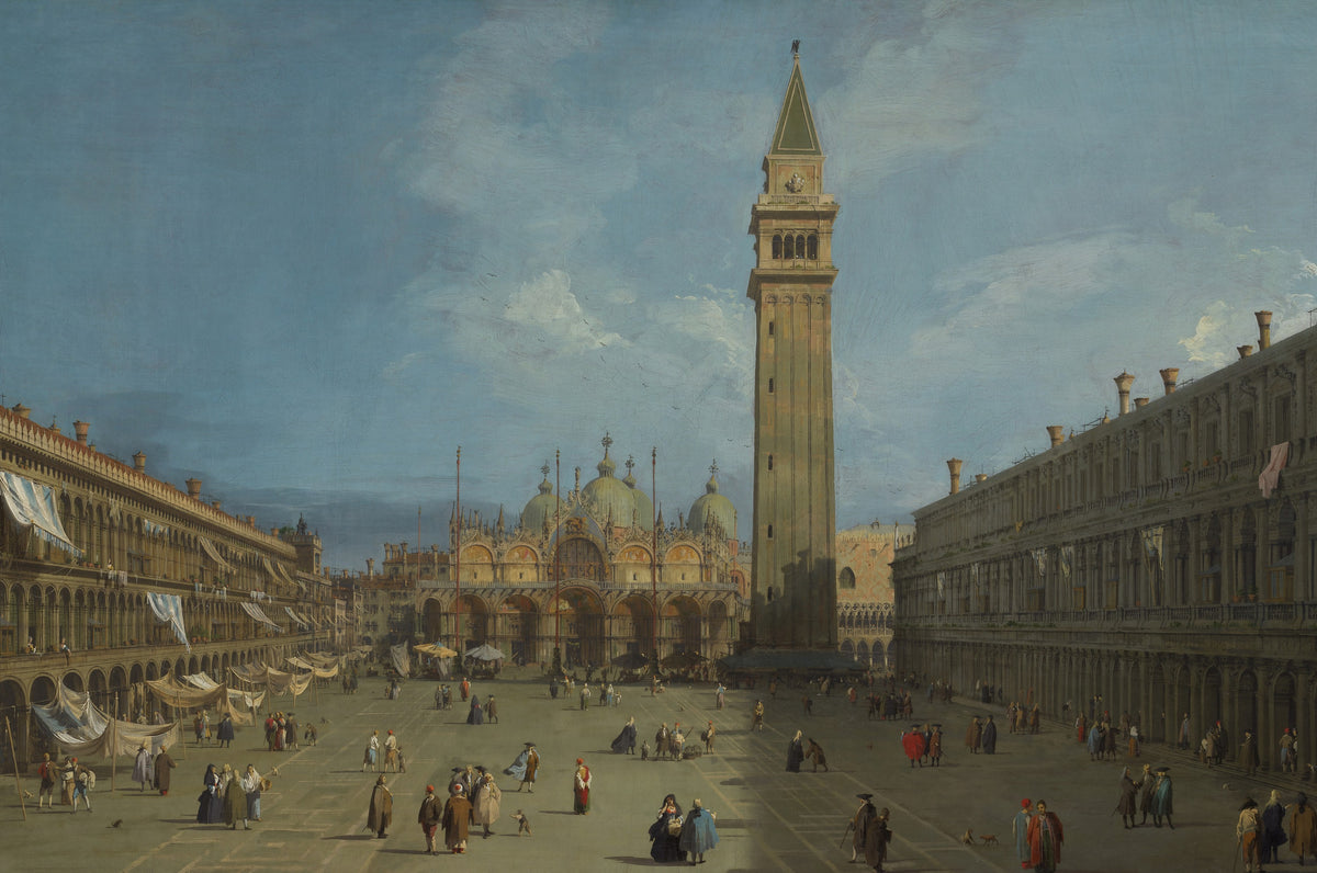 The Square Where Venice Waits art puzzle: Canaletto's Piazza San Marco, the bell tower and domed basilica at the end of a wide square lined with arcades, small figures strolling under a blue sky