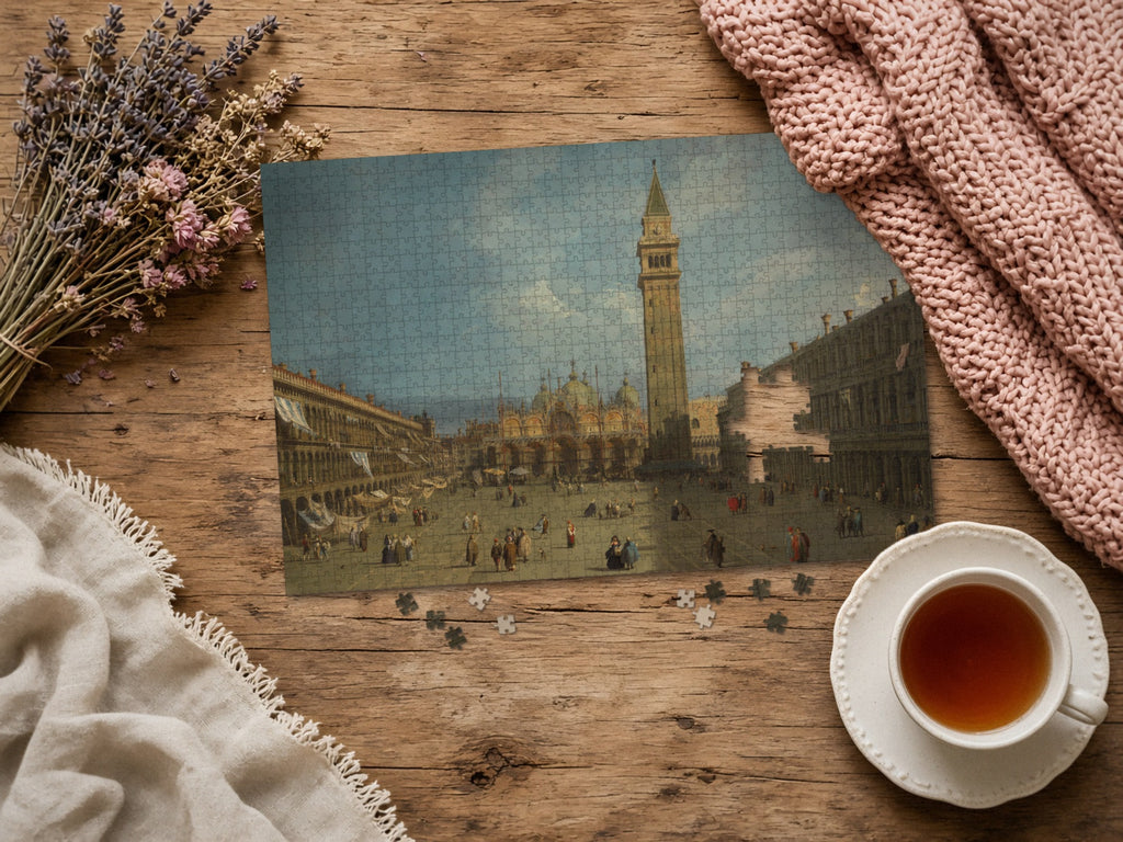 The Square Where Venice Waits 1014 piece puzzle assembled on a rustic wood table with dried lavender, a pink knit blanket, a linen throw and a cup of tea, a few loose pieces nearby