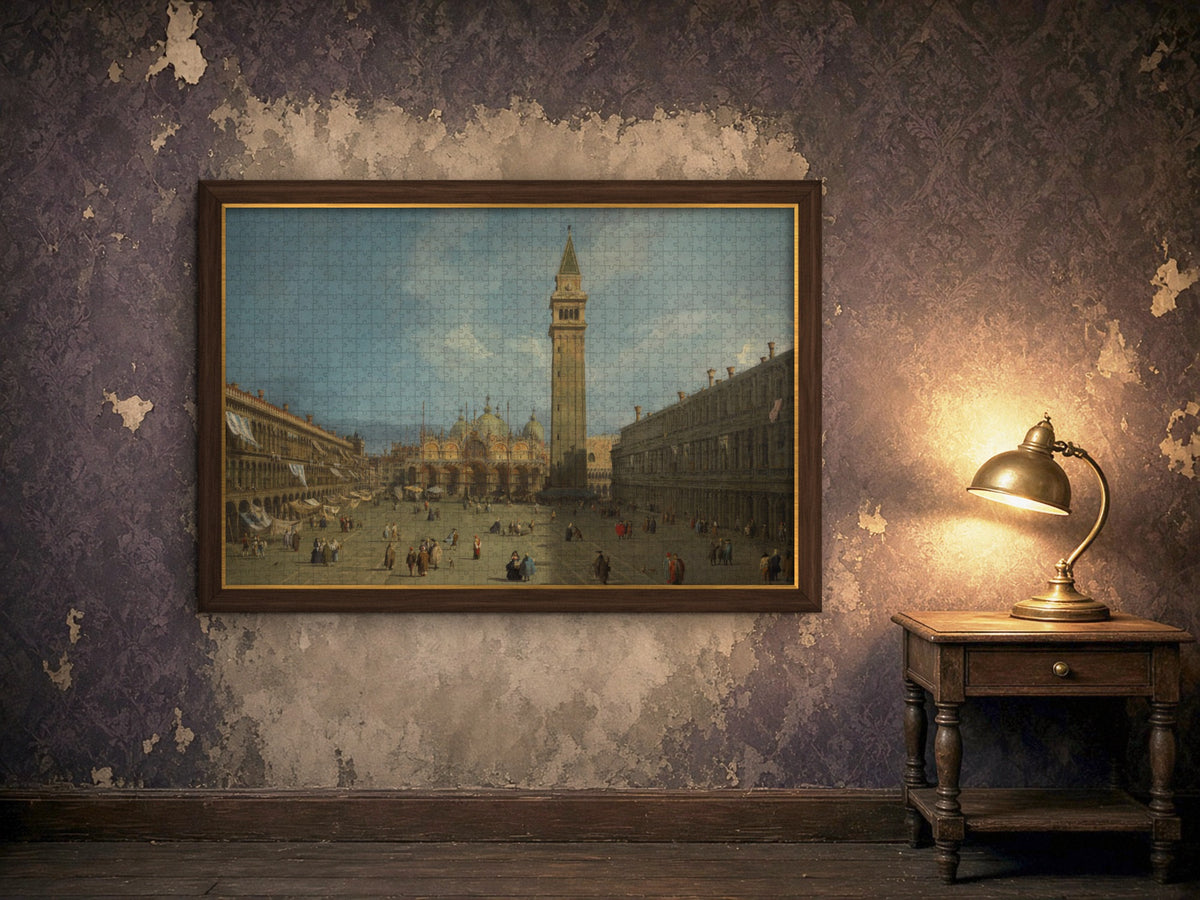 The Square Where Venice Waits 1014 piece puzzle assembled, framed in dark wood on a worn plaster wall lit by a brass lamp