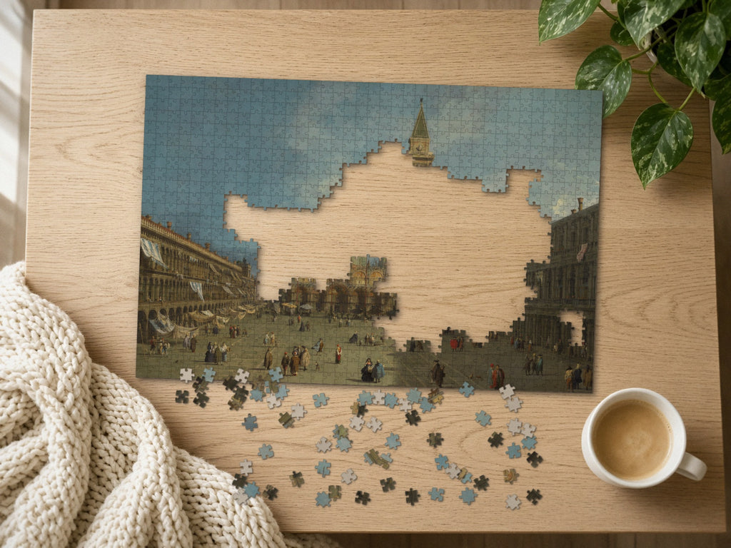 The Square Where Venice Waits 1014 piece puzzle half assembled on a light oak table, loose pieces scattered beside a chunky knit throw, a latte and a trailing plant