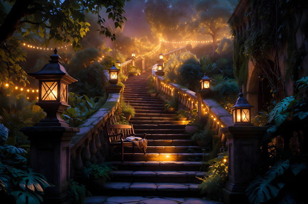 The Stairway Someone Left Lit art puzzle: a stone garden staircase at dusk lined with lit lanterns and string lights, a wooden bench on the steps holding an open book and blanket
