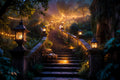 The Stairway Someone Left Lit art puzzle: a stone garden staircase at dusk lined with lit lanterns and string lights, a wooden bench on the steps holding an open book and blanket