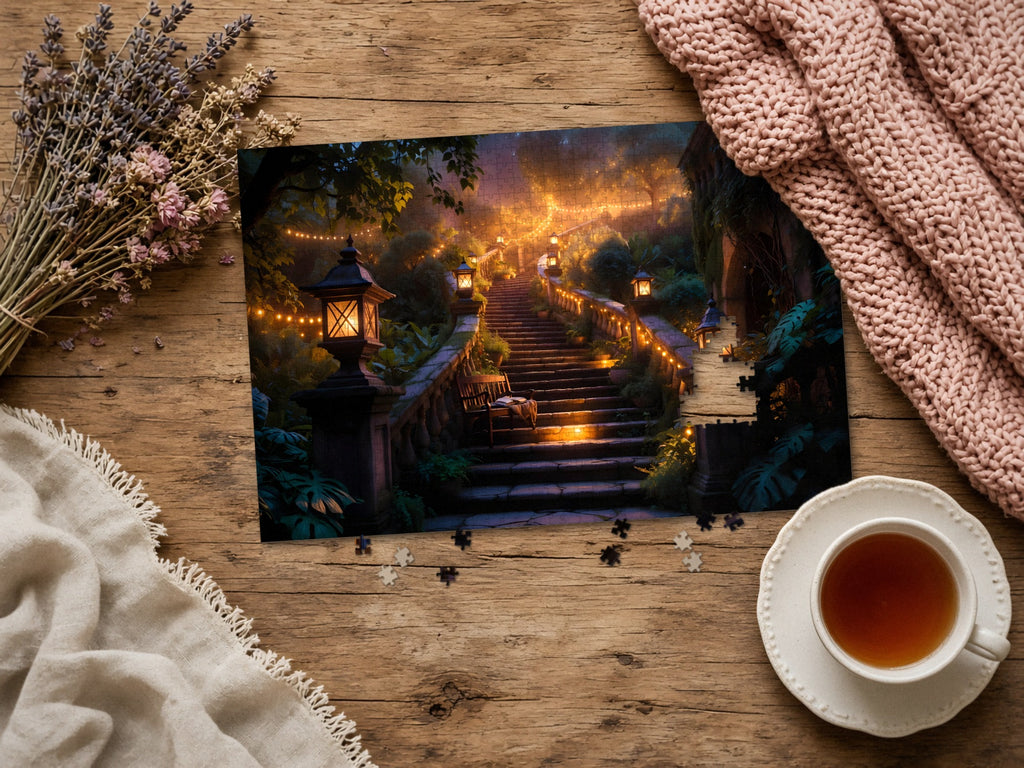 The Stairway Someone Left Lit 1014 piece puzzle assembled on a rustic wood table with dried lavender, a pink knit blanket, a linen throw and a cup of tea, a few loose pieces nearby