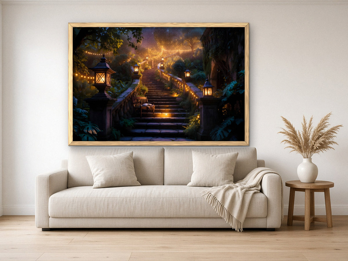 The Stairway Someone Left Lit 1014 piece puzzle assembled, framed in light wood and hung above a cream sofa, with pampas grass on a side table