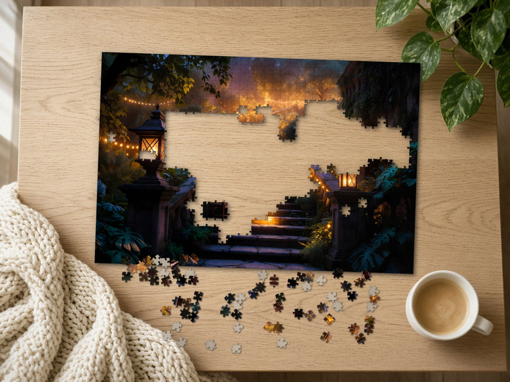 The Stairway Someone Left Lit 1014 piece puzzle half assembled on a light oak table, loose pieces scattered beside a chunky knit throw, a latte and a trailing plant