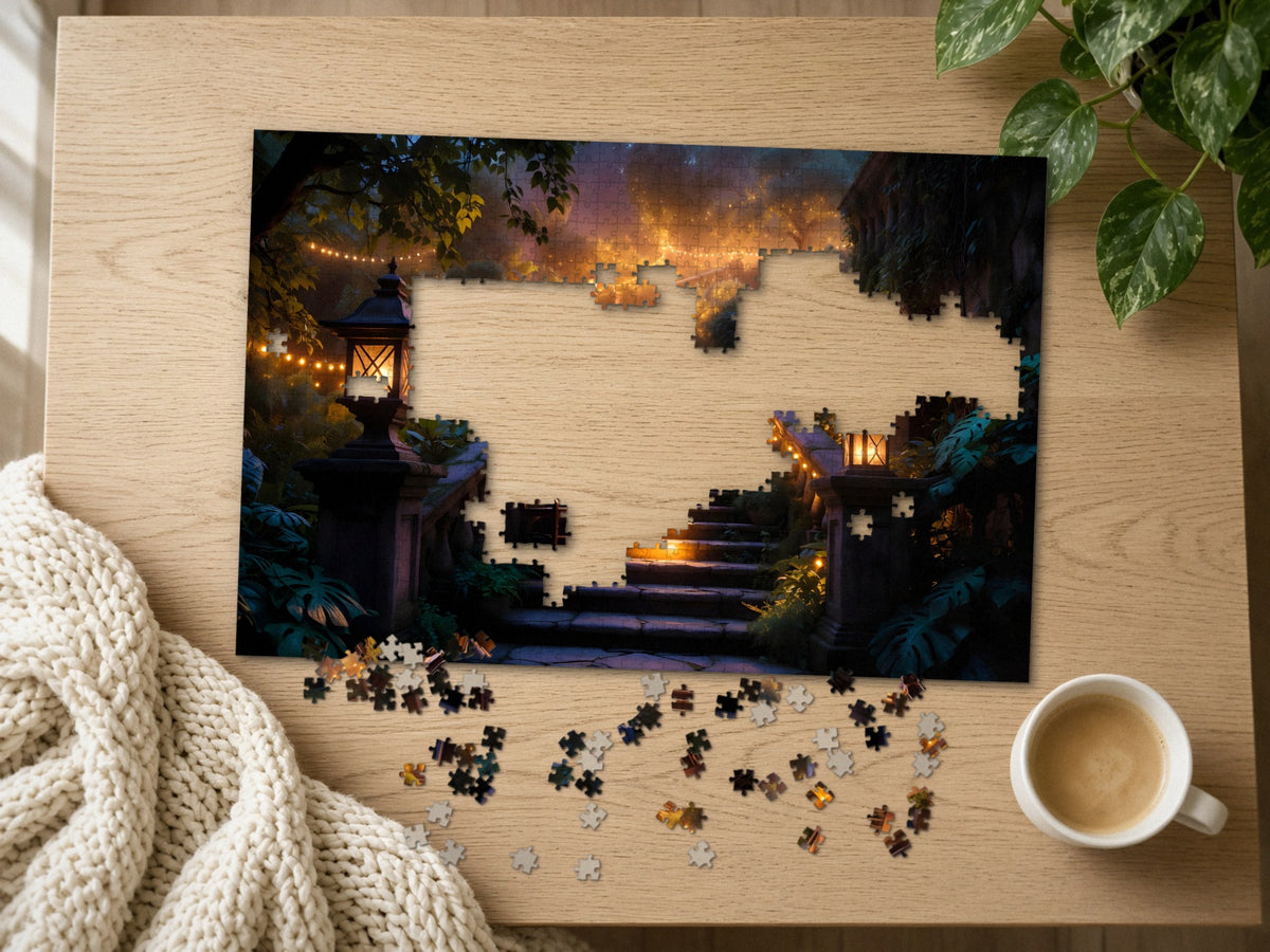 The Stairway Someone Left Lit 1014 piece puzzle half assembled on a light oak table, loose pieces scattered beside a chunky knit throw, a latte and a trailing plant