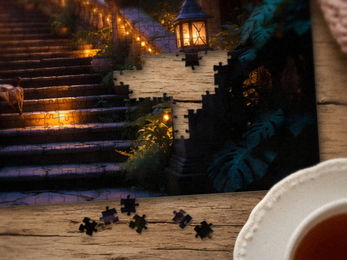 Close-up of the The Stairway Someone Left Lit puzzle on a wood table showing the lantern-lit steps, a few pieces still missing, next to a teacup