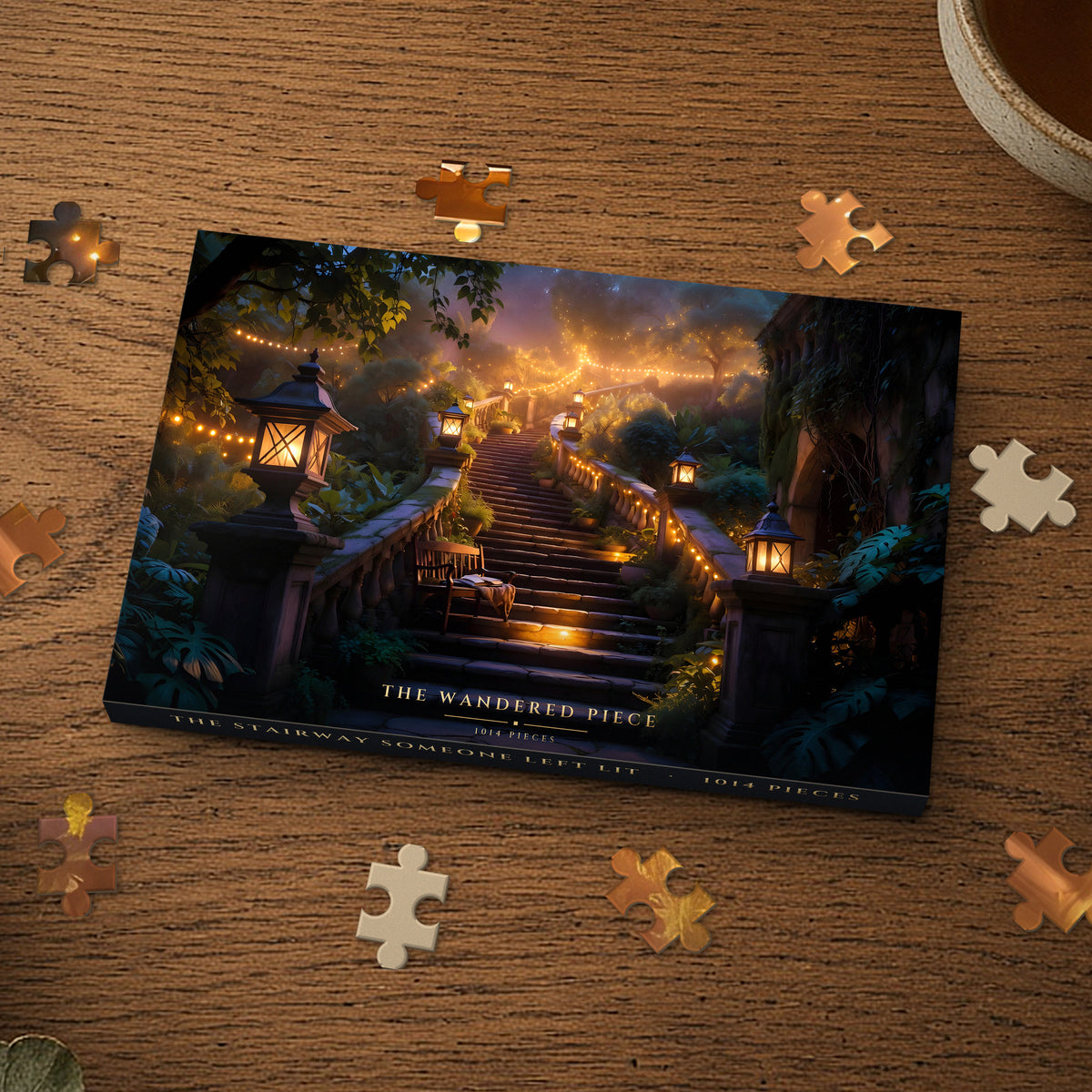 The Stairway Someone Left Lit 1014 piece puzzle box on a wood table with loose pieces, box design shown for illustration