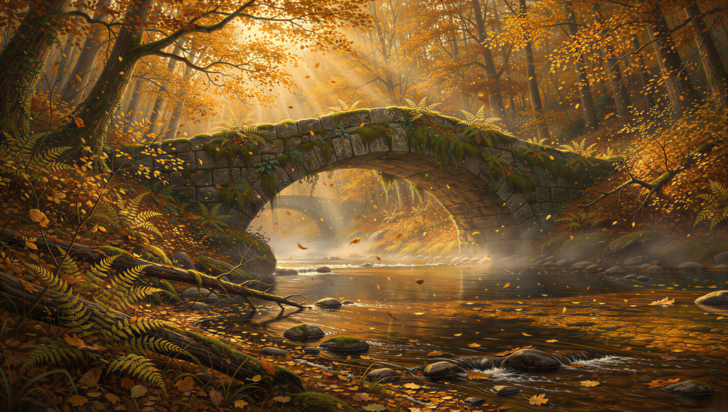 The Stone Bridge in Autumn art puzzle: a moss-covered stone arch over a forest stream, sunbeams through gold maples and falling leaves