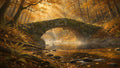 A moss-covered stone arch bridge over a forest stream surrounded by gold and red autumn trees — art puzzle by The Wandered Piece