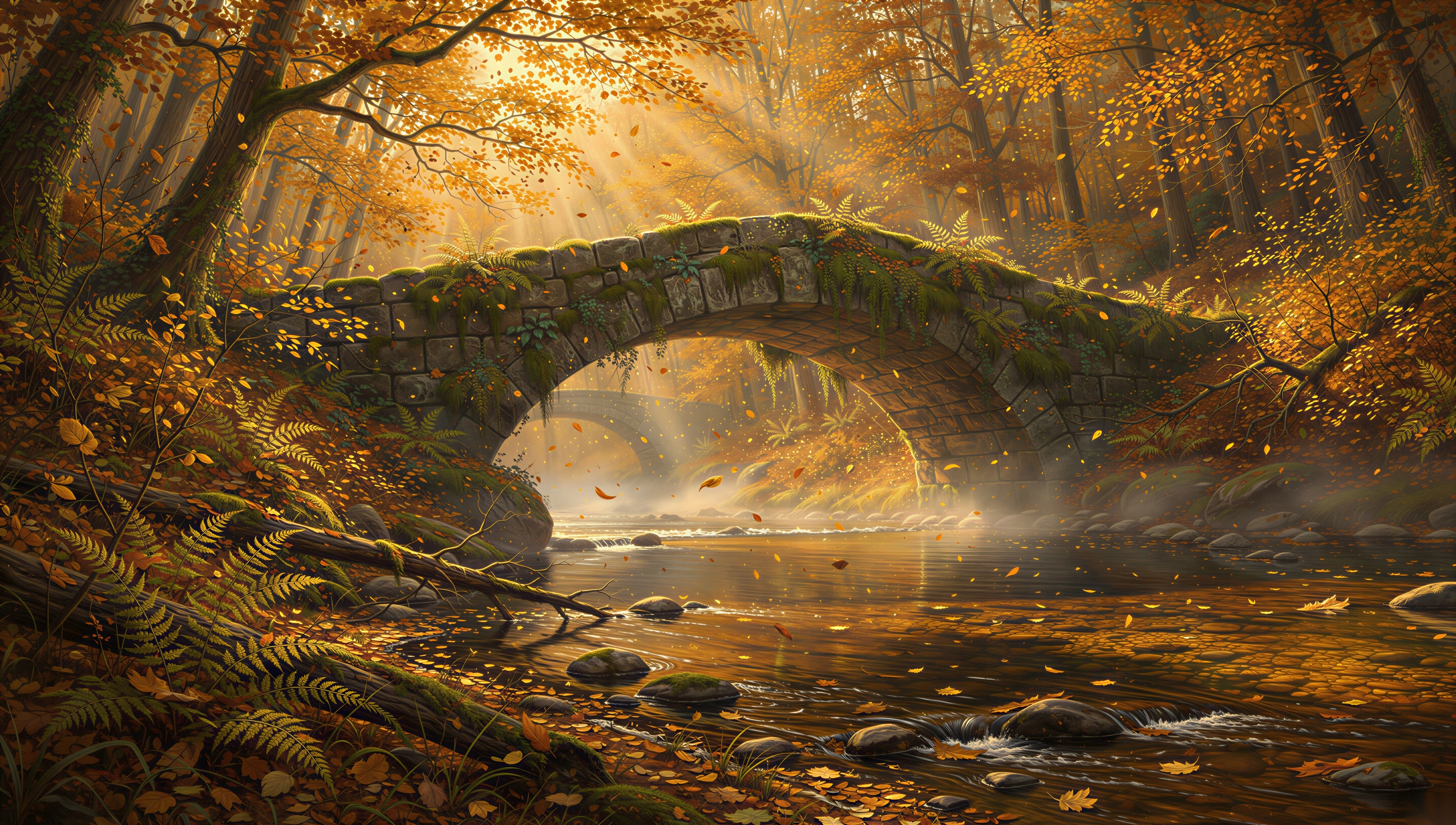 A moss-covered stone arch bridge over a forest stream surrounded by gold and red autumn trees — art puzzle by The Wandered Piece
