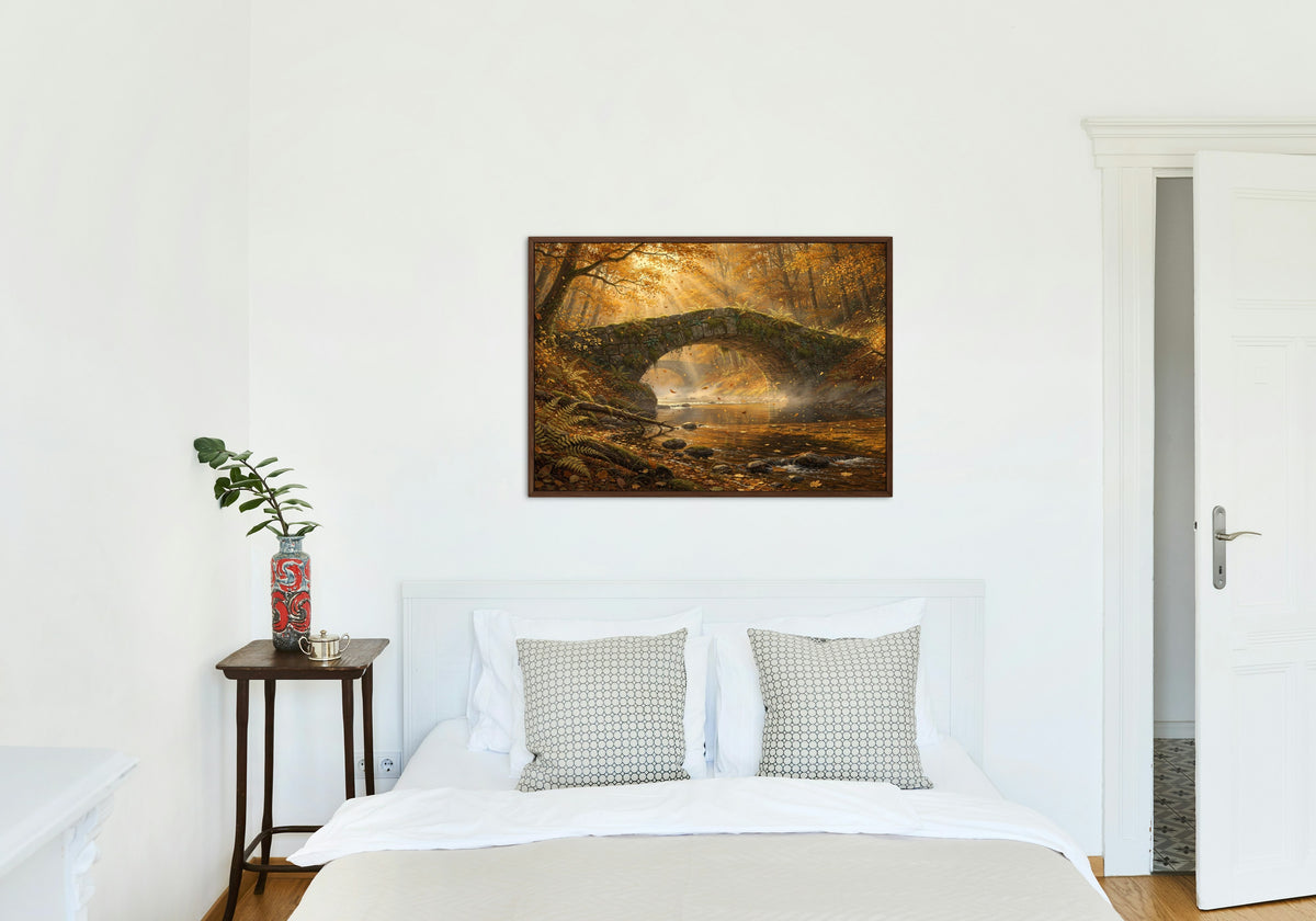 The Stone Bridge in Autumn 1014 piece puzzle shown framed on a wall after completion