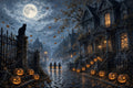 The Street Where Every Window Watched art puzzle: a Victorian street on Halloween night under a full moon, jack-o'-lanterns on every step, three small trick-or-treaters with lanterns on wet cobblestones and a black cat on the gatepost