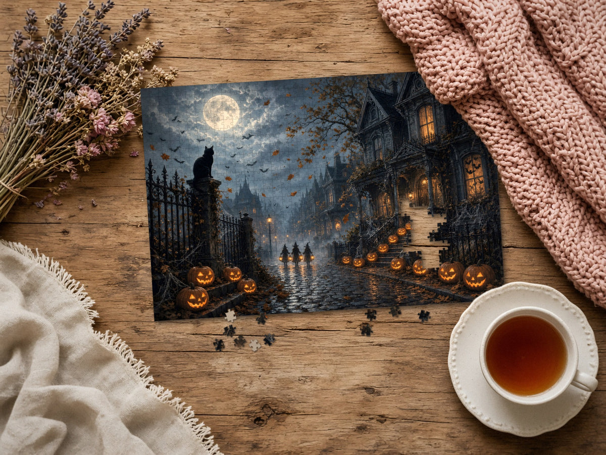 The Street Where Every Window Watched 1014 piece puzzle assembled on a rustic wood table with dried lavender, a pink knit blanket, a linen throw and a cup of tea, a few loose pieces nearby