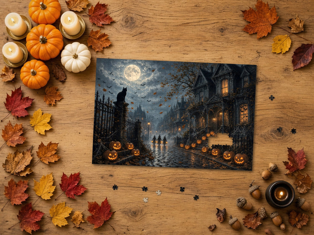 The Street Where Every Window Watched 1014 piece puzzle on a wood table framed by orange and white pumpkins, lit candles in brass holders, autumn maple leaves and acorns