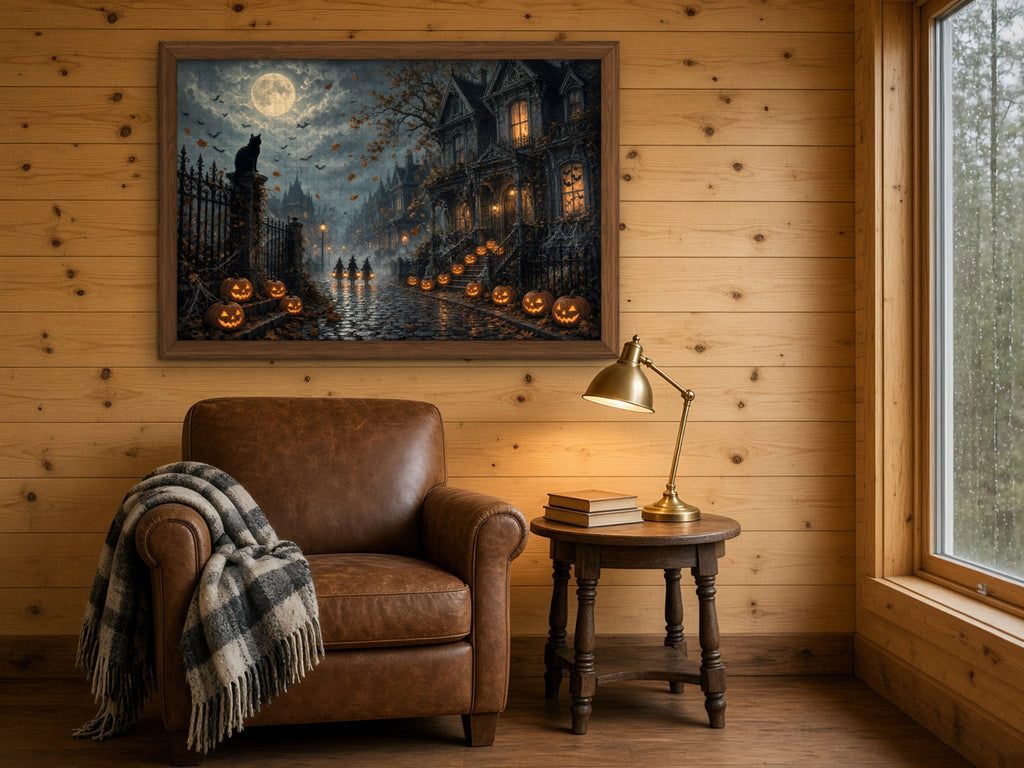 The Street Where Every Window Watched 1014 piece puzzle assembled and framed on a knotty pine wall above a leather armchair with a plaid throw and a brass reading lamp
