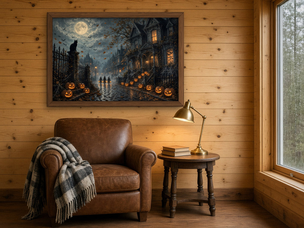 The Street Where Every Window Watched 1014 piece puzzle assembled and framed on a knotty pine wall above a leather armchair with a plaid throw and a brass reading lamp