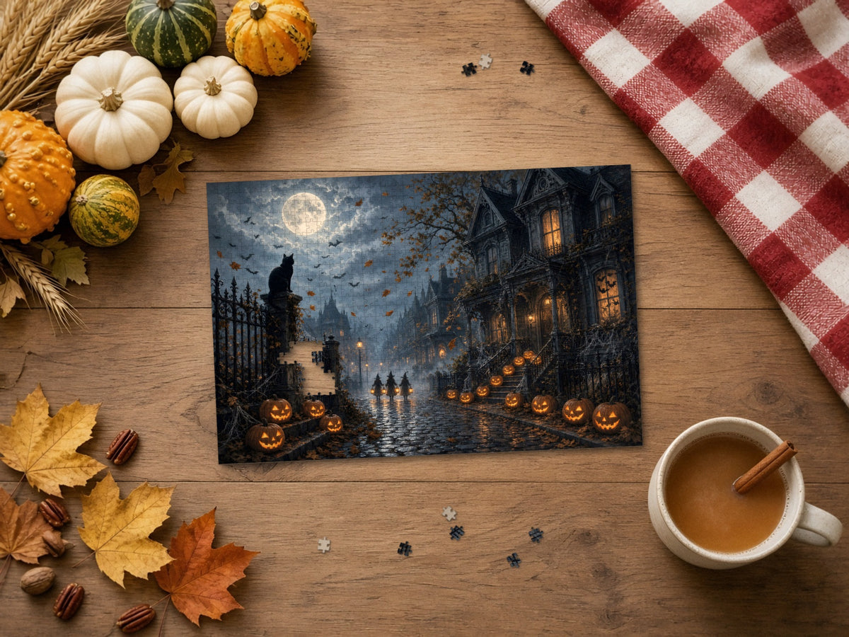 The Street Where Every Window Watched 1014 piece puzzle on a wood table with wheat, small pumpkins and gourds, a red gingham cloth, autumn leaves and a cinnamon latte