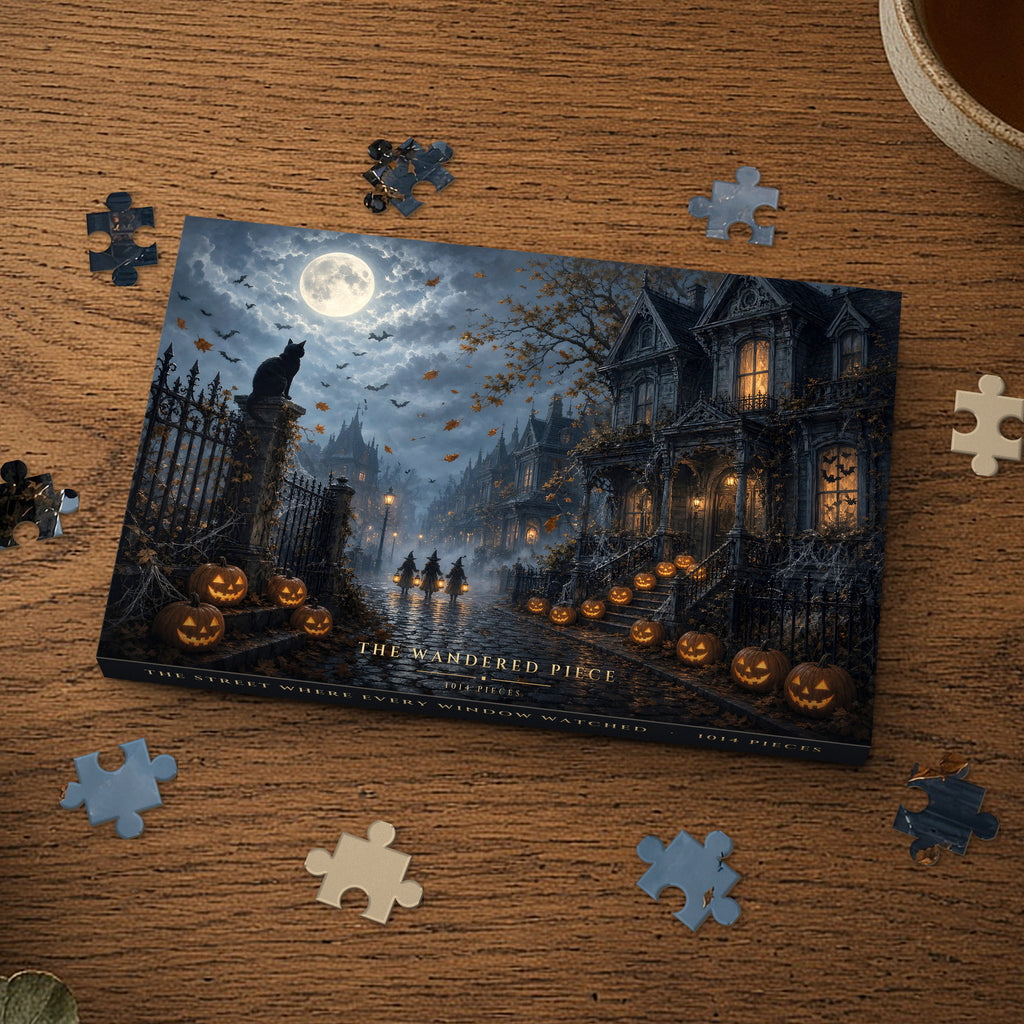 The Street Where Every Window Watched 1014 piece puzzle box on a wood table with loose pieces, box design shown for illustration