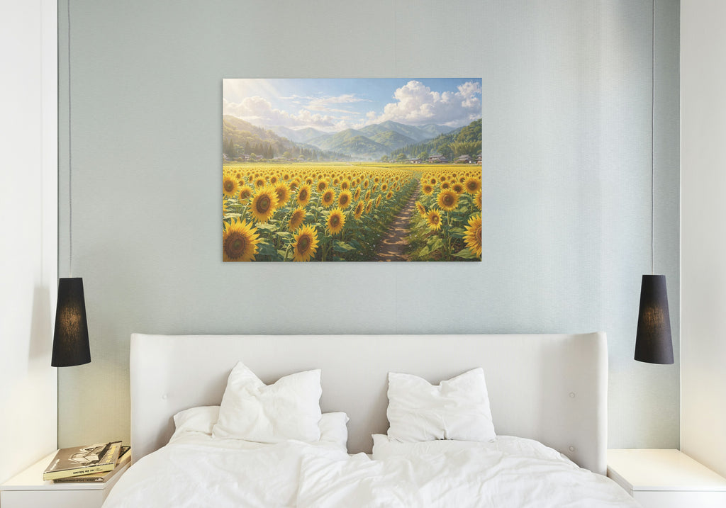 The Sunflower Valley 1014 piece puzzle shown framed on a wall after completion