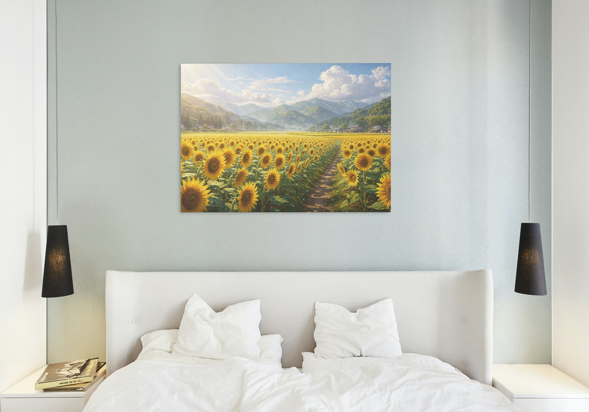 The Sunflower Valley 1014 piece puzzle shown framed on a wall after completion