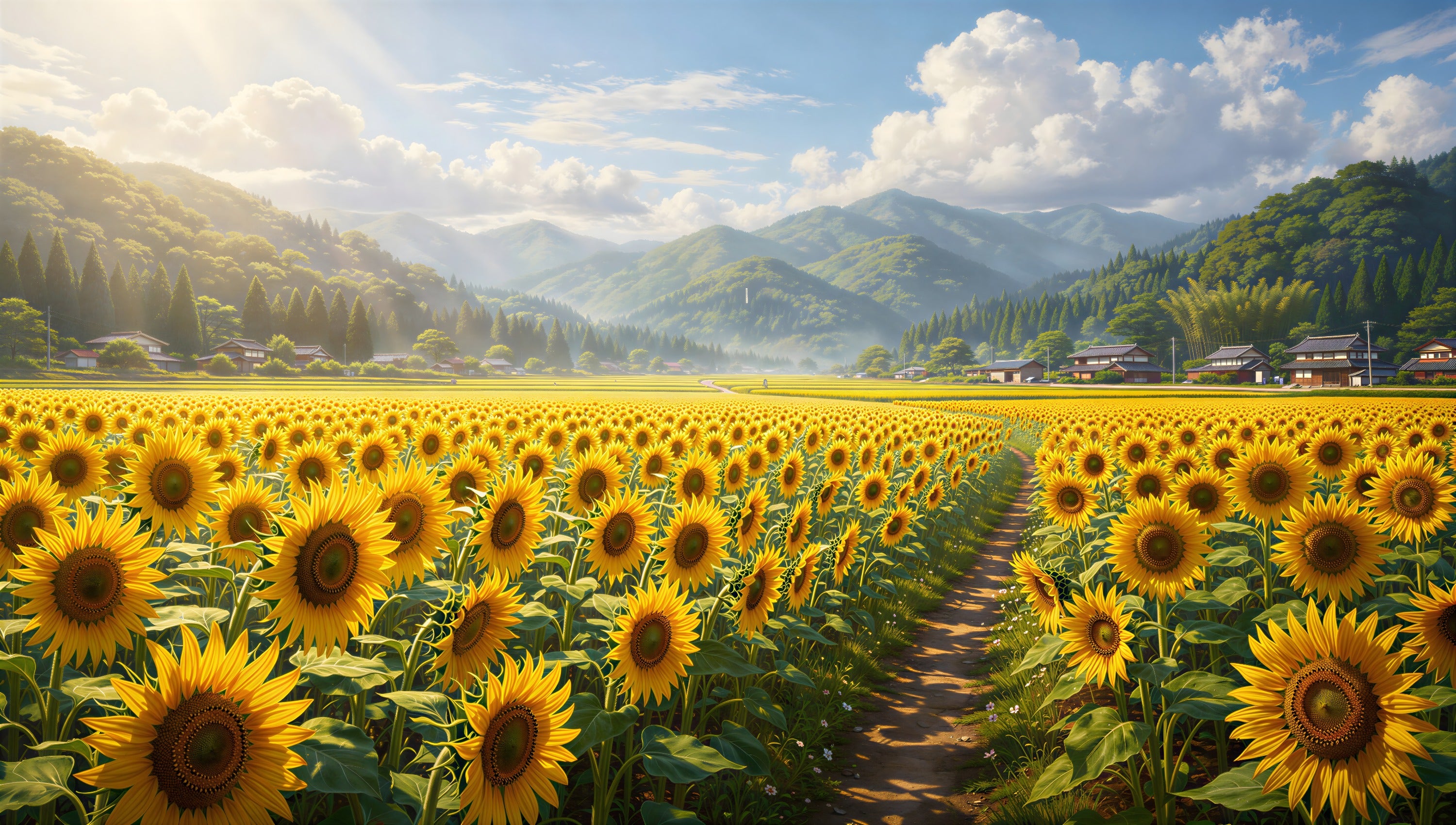 Rows of sunflowers in a rolling golden valley under a deep blue summer sky — botanical art puzzle by The Wandered Piece