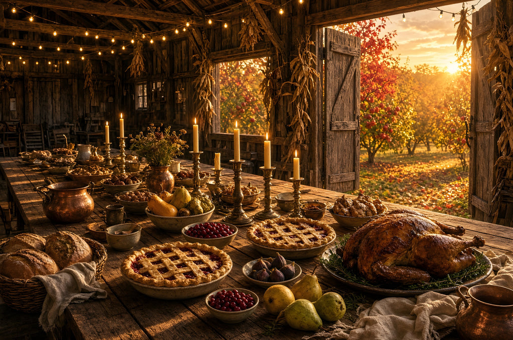 The Table the Harvest Set art puzzle: a long harvest table in an old barn set with pies, a roast turkey, pears, bread and tall lit candles, string lights in the rafters and doors open to an orchard at sunset