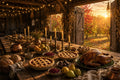 The Table the Harvest Set art puzzle: a long harvest table in an old barn set with pies, a roast turkey, pears, bread and tall lit candles, string lights in the rafters and doors open to an orchard at sunset