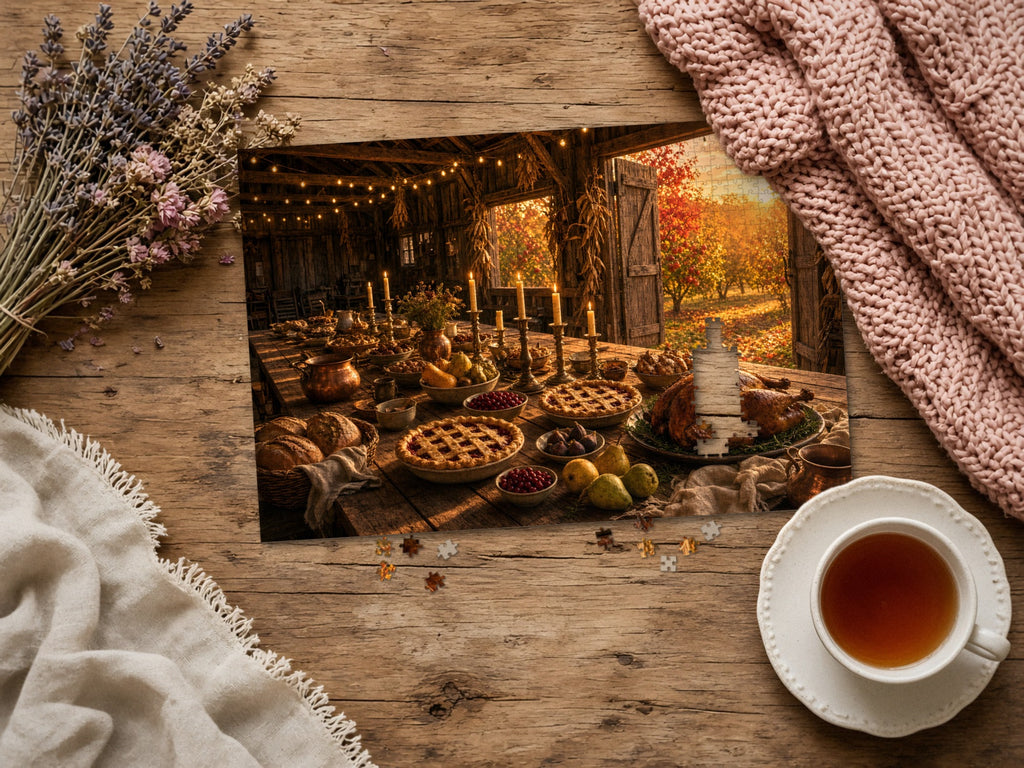 The Table the Harvest Set 1014 piece puzzle assembled on a rustic wood table with dried lavender, a pink knit blanket, a linen throw and a cup of tea, a few loose pieces nearby