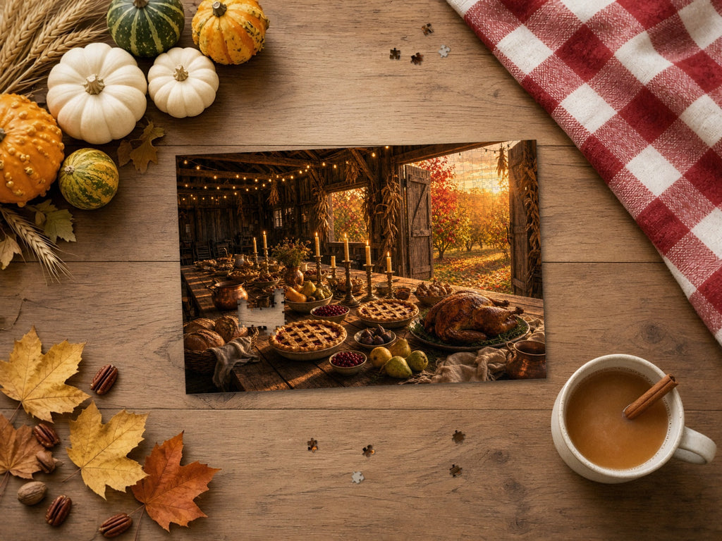 The Table the Harvest Set 1014 piece puzzle on a wood table with wheat, small pumpkins and gourds, a red gingham cloth, autumn leaves and a cinnamon latte