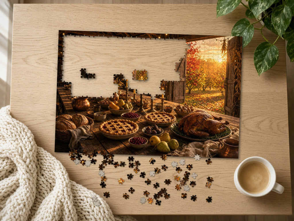 The Table the Harvest Set 1014 piece puzzle half assembled on a light oak table, loose pieces scattered beside a chunky knit throw, a latte and a trailing plant