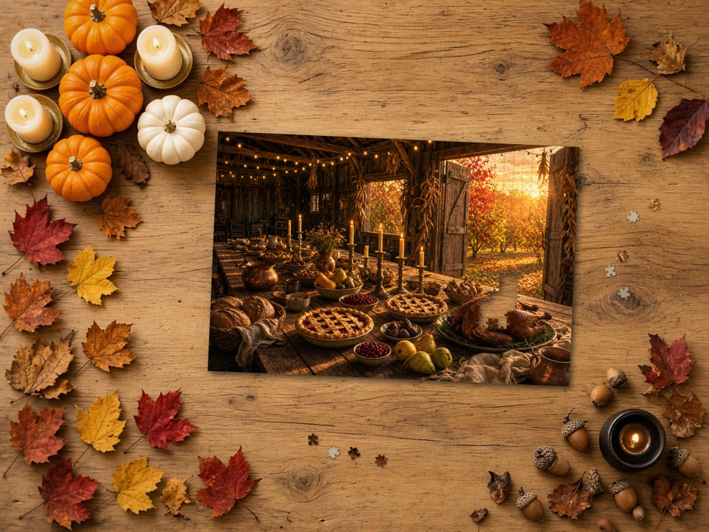 The Table the Harvest Set 1014 piece puzzle on a wood table framed by orange and white pumpkins, lit candles in brass holders, autumn maple leaves and acorns