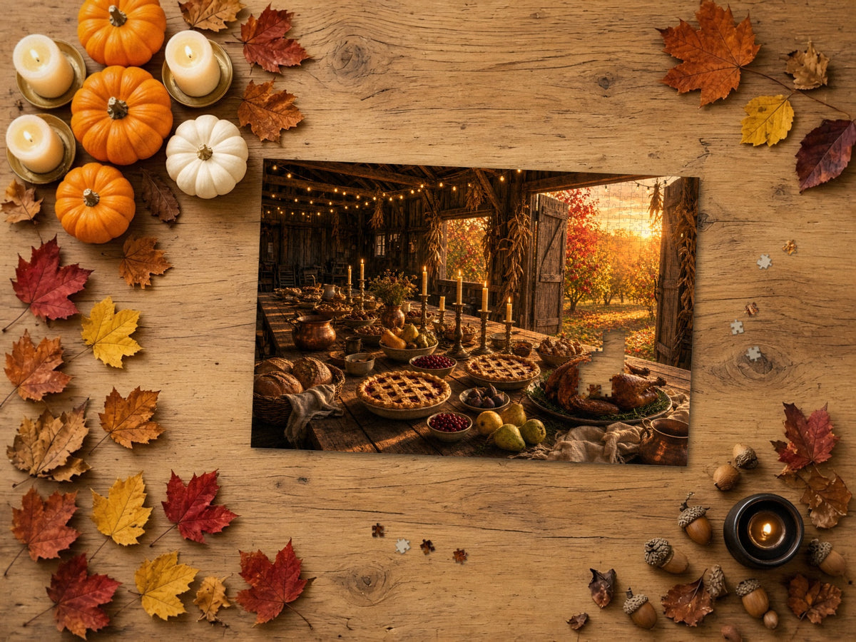 The Table the Harvest Set 1014 piece puzzle on a wood table framed by orange and white pumpkins, lit candles in brass holders, autumn maple leaves and acorns